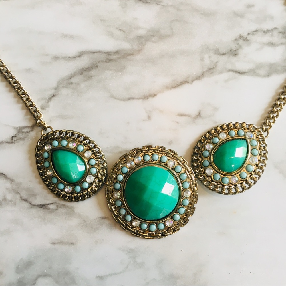 Teal mint green statement necklace gold tone